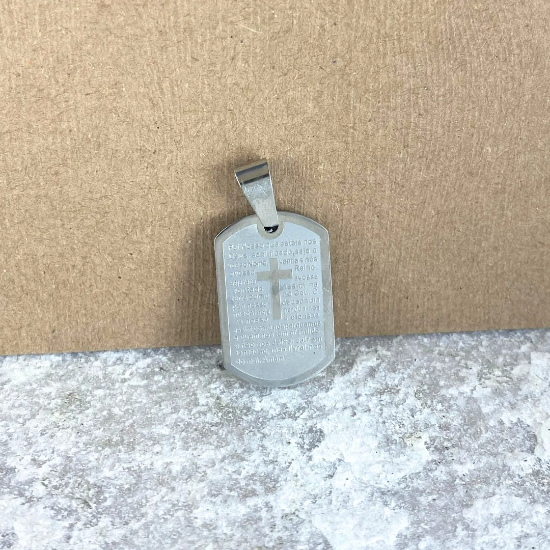 Pingente Aço Inox Prateado Retângulo Arredondado Oração Pai Nosso